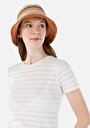 thumb-Slim Fit Yuvarlak Yaka Örme Çizgili Kadın Ekru Kısa Kol Tişört