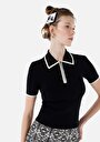 thumb-Slim Fit Polo Yaka Kadın Siyah Kısa Kol Triko Kazak