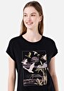 thumb-Regular Fit Yuvarlak Yaka Baskılı Kadın Siyah Kısa Kol Tişört