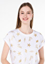 thumb-Regular Fit Yuvarlak Yaka Baskılı Kadın Beyaz Kısa Kol Tişört
