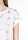 thumb-Regular Fit Yuvarlak Yaka Baskılı Kadın Beyaz Kısa Kol Tişört