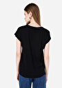 thumb-Regular Fit Örme Yuvarlak Yaka Baskılı Kadın Siyah Kısa Kol Tişört