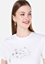thumb-Regular Fit Yuvarlak Yaka Baskılı Kadın Beyaz Kısa Kol Tişört