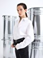 thumb-Relaxed Fit Shirt Neck Düz Kadın Beyaz Uzun Kol Gömlek