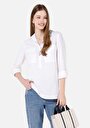 thumb-Regular Fit Shirt Neck Cepli Düz Kadın Beyaz Uzun Kol Gömlek