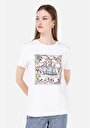 thumb-Regular Fit Yuvarlak Yaka Baskılı Kadın Beyaz Kısa Kol Tişört