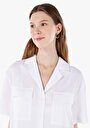 thumb-Regular Fit Shirt Neck Cepli Düz Kadın Beyaz Kısa Kol Gömlek