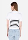 thumb-Slim Fit V Yaka Çizgili Kadın Beyaz Kısa Kol Tişört