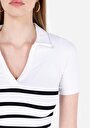 thumb-Slim Fit V Yaka Çizgili Kadın Beyaz Kısa Kol Tişört