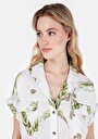 thumb-Regular Fit Shirt Neck Çiçekli Kadın Ekru Kısa Kol Gömlek