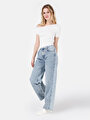 thumb-Regular Fit Yüksel Bel Geniş Paça Kadın Pamuklu Denim Jean Pantolon