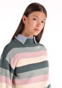 thumb-Regular Fit Yuvarlak Yaka Çizgili Kadın Çok Renkli Kazak