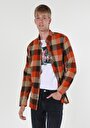 thumb-Regular Fit Shirt Neck Ekoseli Erkek Turuncu Uzun Kol Gömlek