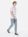 thumb-Regular Fit Yuvarlak Yaka Pamuklu Çizgili Cepsiz Erkek Gri Kısa Kol Tişört