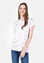 thumb-Regular Fit Yuvarlak Yaka Baskılı Kadın Beyaz Kısa Kol Tişört