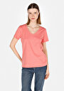 thumb-Regular Fit Pamuklu V Yaka Düz Kadın Turuncu Kısa Kol Tişört