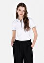 thumb-Slim Fit Polo Yaka Düğmeli Düz Kadın Beyaz Kısa Kol Tişört