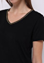 thumb-Regular Fit V Yaka Düz Kadın Siyah Kısa Kol Tişört
