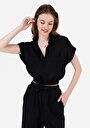 thumb-Regular Fit Pamuklu Shirt Neck Kadın Siyah Kısa Kol Gömlek