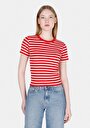 thumb-Slim Fit Yuvarlak Yaka Çizgili Kadın Kirmizi Kısa Kol Tişört