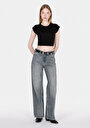 thumb-Regular Fit Yüksel Bel Geniş Paça Kadın Gri Jean Pantolon
