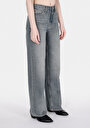 thumb-Regular Fit Yüksel Bel Geniş Paça Kadın Gri Jean Pantolon