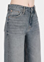 thumb-Regular Fit Yüksel Bel Geniş Paça Kadın Gri Jean Pantolon