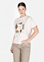 thumb-Regular Fit Yuvarlak Yaka Baskılı Kadın Ekru Kısa Kol Tişört