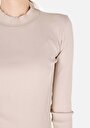 thumb-Slim Fit Dik Yaka Düz Kadın Bej Uzun Kol Tişört