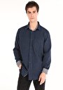thumb-Comfort Fit Shirt Neck Kareli Erkek Lacivert Uzun Kol Gömlek