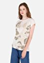 thumb-Regular Fit Örme Yuvarlak Yaka Baskılı Kadın Ekru Kısa Kol Tişört