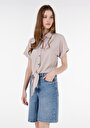 thumb-Regular Fit Shirt Neck Düz Kadın Bej Kısa Kol Tişört