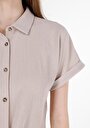 thumb-Regular Fit Shirt Neck Düz Kadın Bej Kısa Kol Tişört