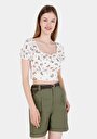 thumb-Slim Fit Kare Yaka Çiçekli Kadın Ekru Karpuz Tişört