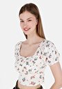 thumb-Slim Fit Kare Yaka Çiçekli Kadın Ekru Karpuz Tişört