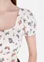 thumb-Slim Fit Kare Yaka Çiçekli Kadın Ekru Karpuz Tişört