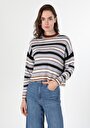 thumb-Regular Fit Yuvarlak Yaka Çizgili Kadın Çok Renkli Kazak