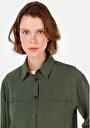 thumb-Relax Fit Dokuma Shirt Neck Kadın Yeşil Uzun Kol Gömlek