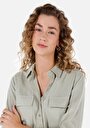 thumb-Regular Fit Shirt Neck Cepli Düz Kadın Yeşil Uzun Kol Gömlek