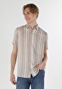 thumb-Regular Fit Shirt Neck Çizgili Erkek Bej Kısa Kol Gömlek