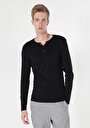 thumb-Slim Fit Placket Neck Düz Erkek Siyah Uzun Kol Tişört
