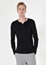 thumb-Slim Fit Placket Neck Düz Erkek Siyah Uzun Kol Tişört