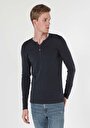 thumb-Slim Fit Placket Neck Düz Erkek Lacivert Uzun Kol Tişört