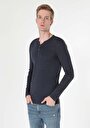 thumb-Slim Fit Placket Neck Örme Düz Erkek Lacivert Uzun Kol Tişört