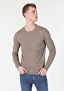 thumb-Regular Fit Yuvarlak Yaka Jakarlı Erkek Bej Kazak
