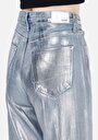 thumb-Regular Fit Yüksel Bel Geniş Paça Kadın Metalik Desenli Denim Jean Pantolon