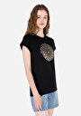 thumb-Regular Fit Yuvarlak Yaka Baskılı Kadın Siyah Kısa Kol Tişört