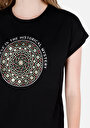 thumb-Regular Fit Yuvarlak Yaka Baskılı Kadın Siyah Kısa Kol Tişört