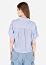 thumb-Regular Fit Shirt Cepsiz Neck Çizgili Kadın Mavi Kısa Kol Gömlek