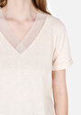 thumb-Regular Fit V Yaka Düz Kadın Ekru Kısa Kol Tişört